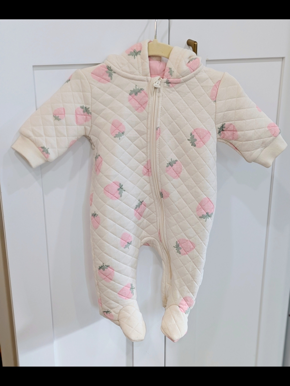 First Wish Quilted Hooded One-Piece Romper in Cream with Pink Strawberry Print